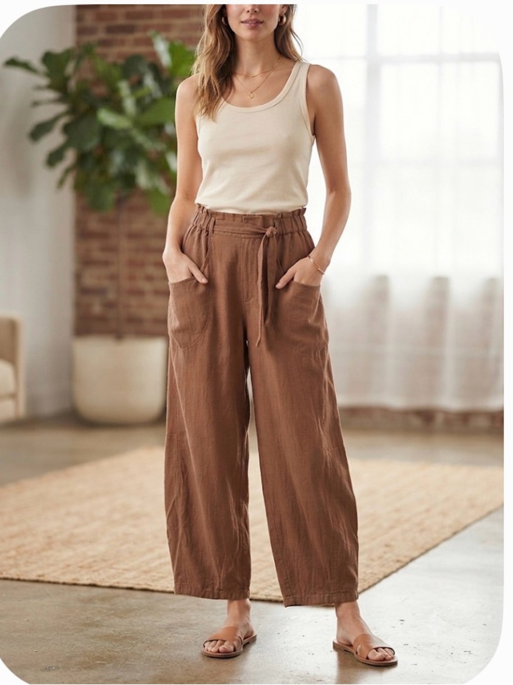 Umgee Brown Linen- Cotton Blend cropped Wide Drawstring Pants Medium